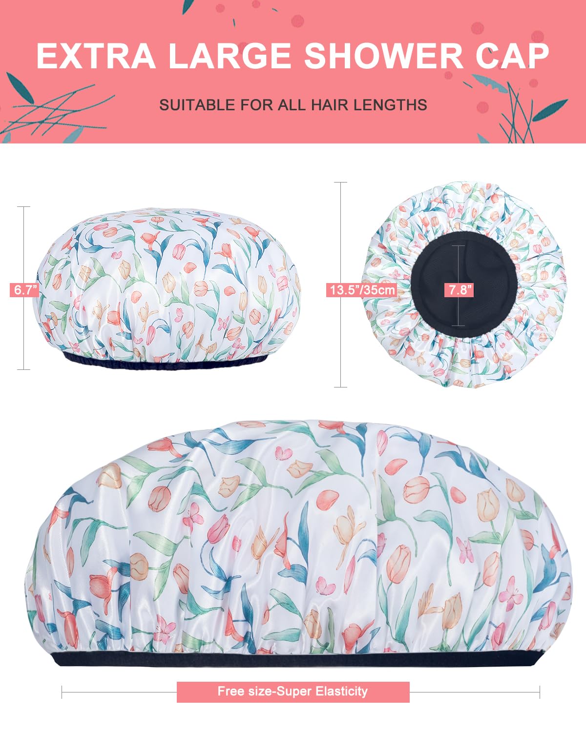 Aquior Gorro de ducha con forro de rizo para mujer, gorro de ducha reutilizable, triple capa impermeable, extra grande para mujeres de pelo largo