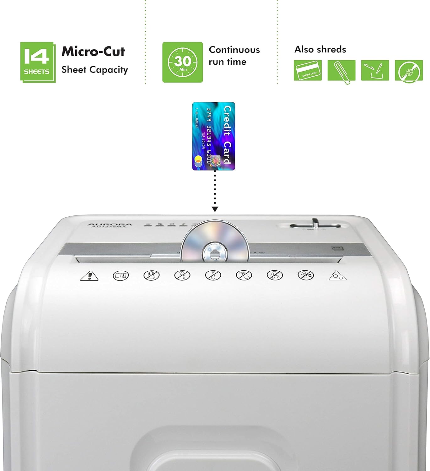 Aurora AU1480MA – Trituradora de papel microcortado de 14 hojas de grado profesional y CDtarjetas de crédito, 30 minutos de tiempo de funcionamiento