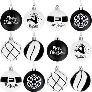 12 bolas de invierno de copos de nieve en blanco y negro, bolas colgantes de Feliz Navidad, HOHOHO, vacaciones, reno, granja, adornos de Navidad, 12 bolas de invierno de copos de nieve en blanco y negro, bolas colgantes de Feliz Navidad, HOHOHO, vacaciones, reno, granja, adornos de Navidad,