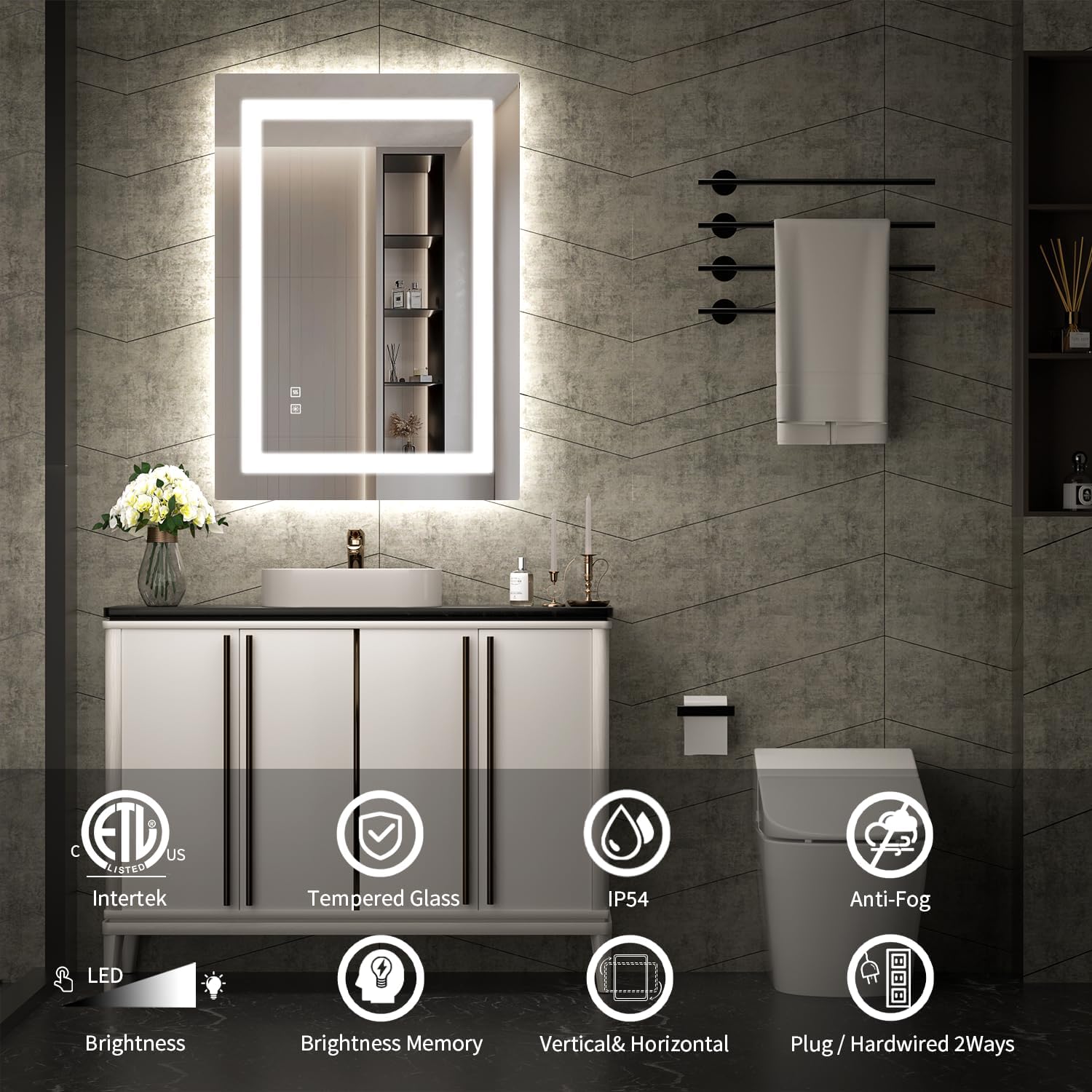 SHUAFA Espejo LED para baño, retroiluminado de 20 x 28 pulgadas + espejo de tocador de baño iluminado frontal con luces, tiras de luz dobles, 3