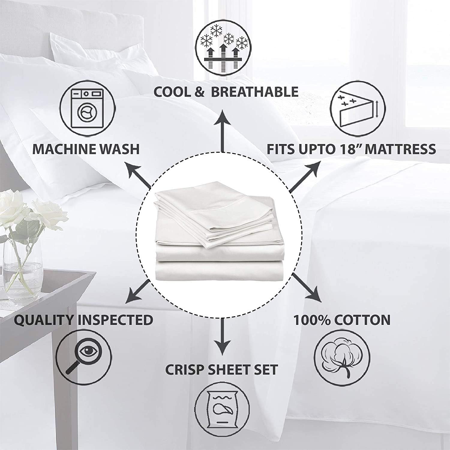 Juego de sábanas de 600 hilos, 100% algodón suave de grapas largas, 4 piezas, tamaño matrimonial, suave tejido de satén, colección de ropa de cama