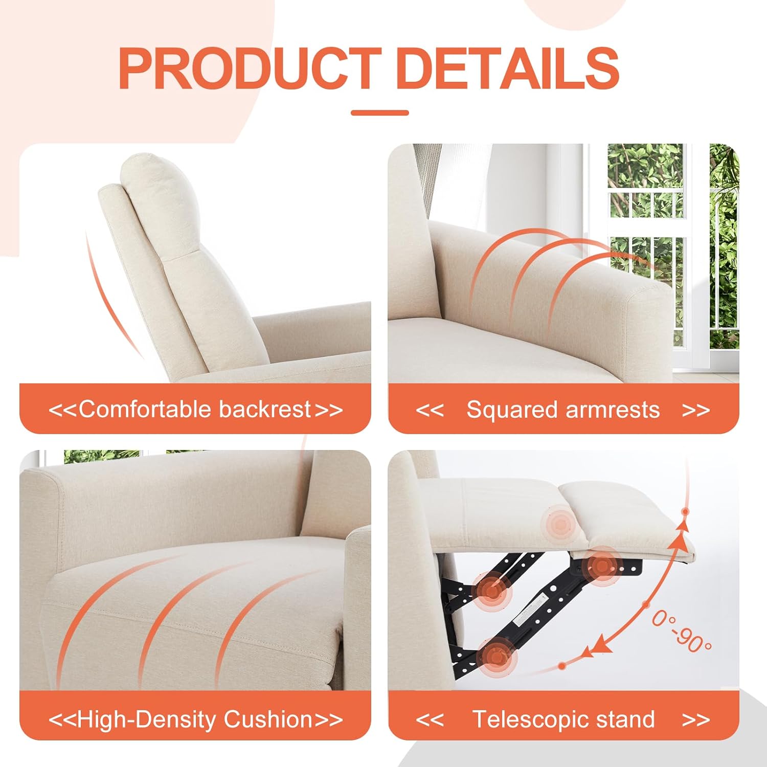 Sweetcrispy Mecedora giratoria reclinable, silla de guardería para sala de estar con reposapiés extragrande, respaldo alto, asiento profundo