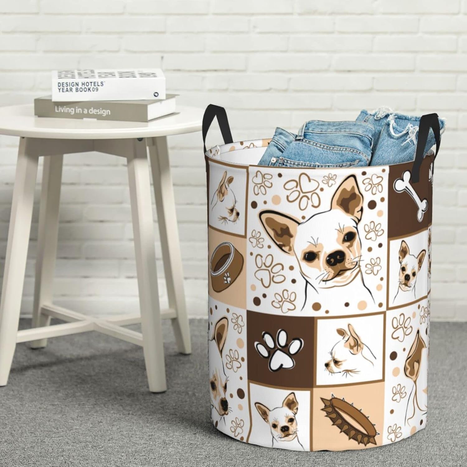 Cesto de lavandería lindo Chihuahua perro cesta circular portátil plegable con asas ropa necesidades diarias bolsa de almacenamiento