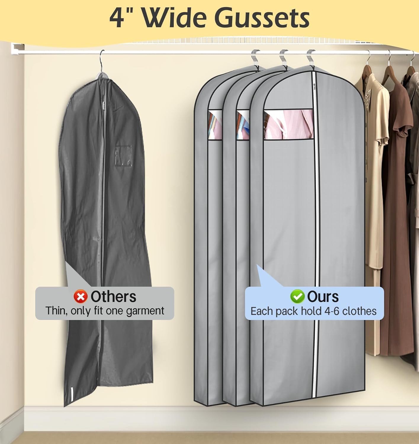 MISSLO Bolsas de ropa reforzadas de 4 pulgadas para colgar ropa, bolsas de vestir de 65 pulgadas para vestidos, funda de vestido larga impermeable