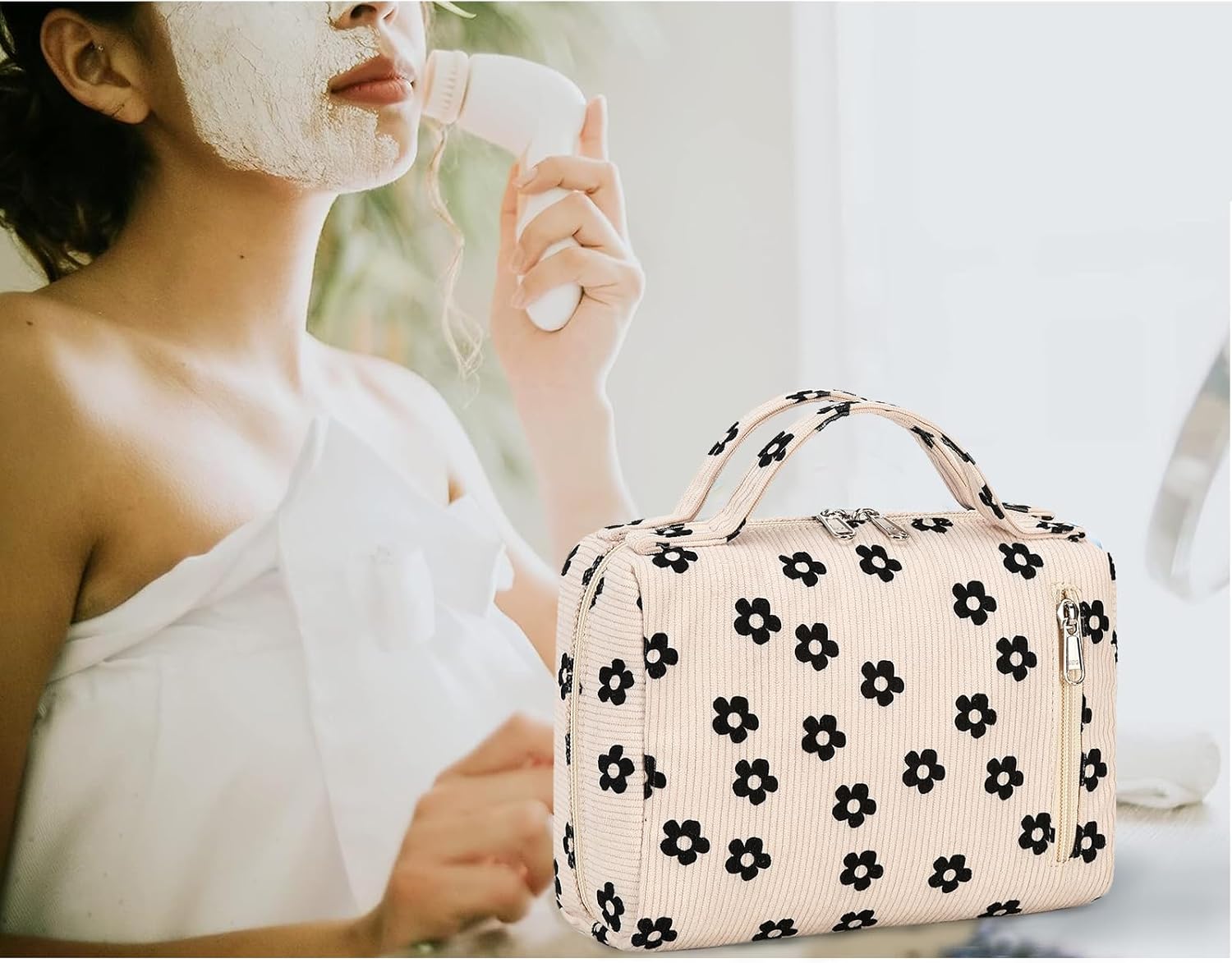 Bluboon Bolsa de maquillaje con cremallera, bolsa de viaje portátil para cosméticos para mujeres y niñas, Florete de pana, Flowerrs