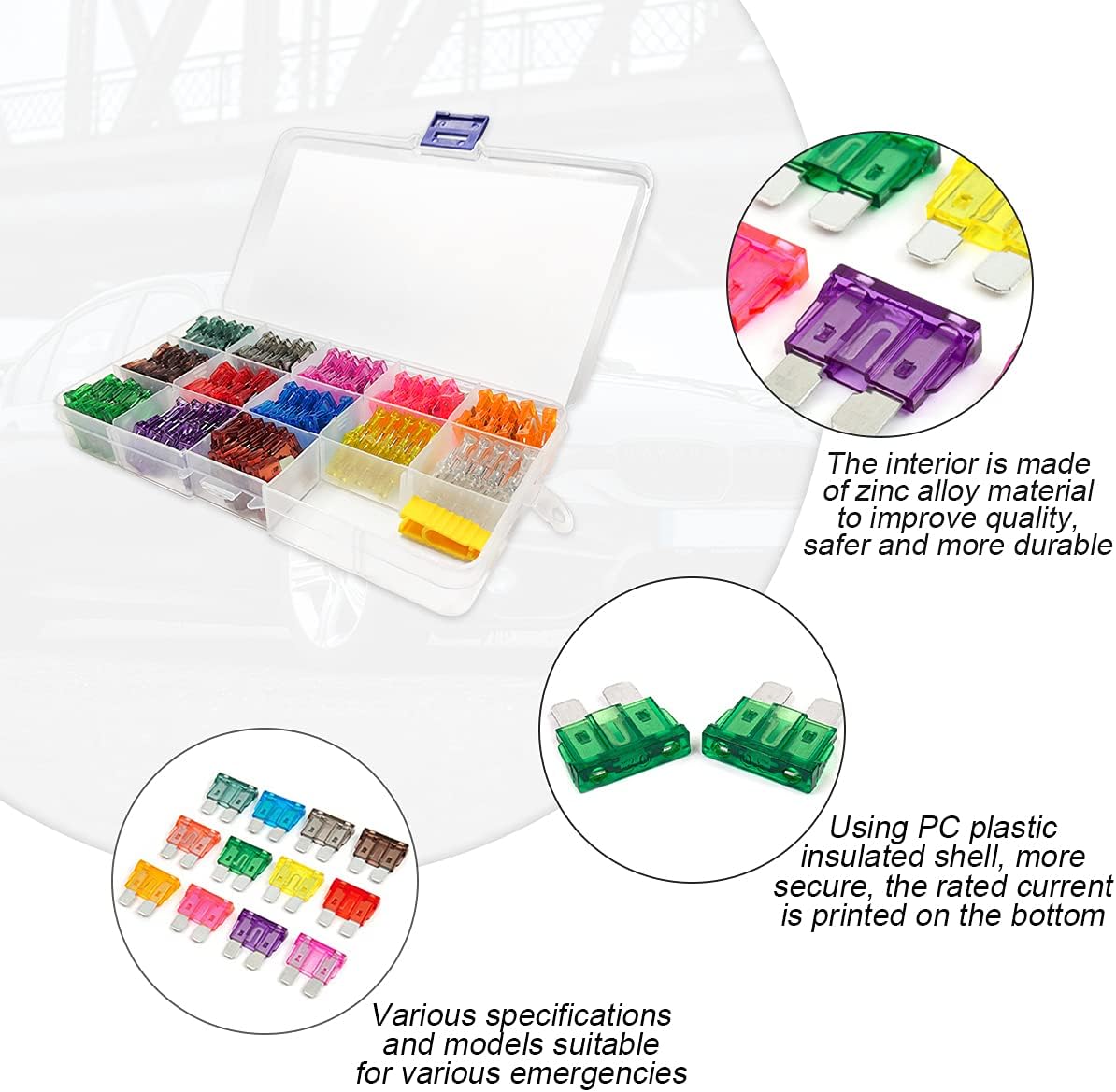 Kit surtido de fusibles de hoja estándar para automóvil de 130 piezas (123457.510152025303540A), herramienta extractora incluida, bien organizada,