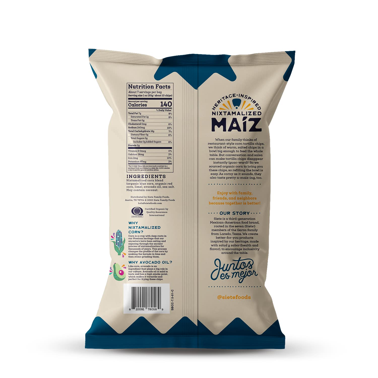 Siete Maiz Totopos Chips de tortilla de maíz  Maíz azul  Sin gluten  Snacks veganos  Sin OMG y chips de maíz orgánico  Hecho con aceite de aguacate