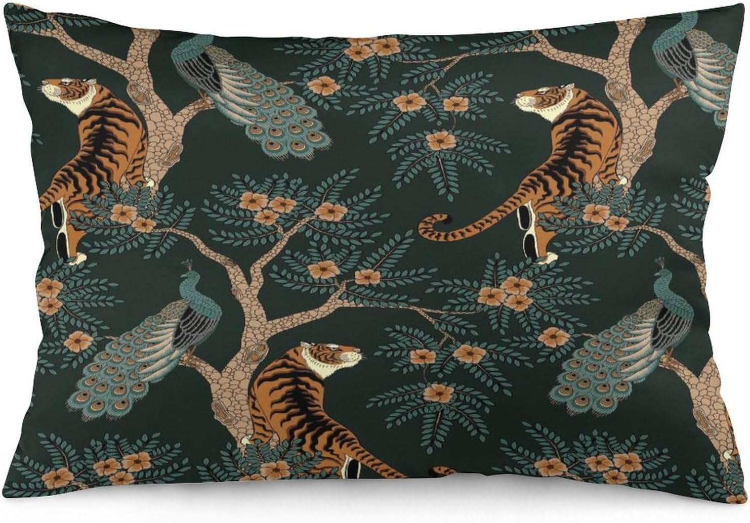 Funda de almohada decorativa rectangular con diseño de tigre y pavo real, decoración del hogar para sala de estar, sofá o automóvil, funda de cojín