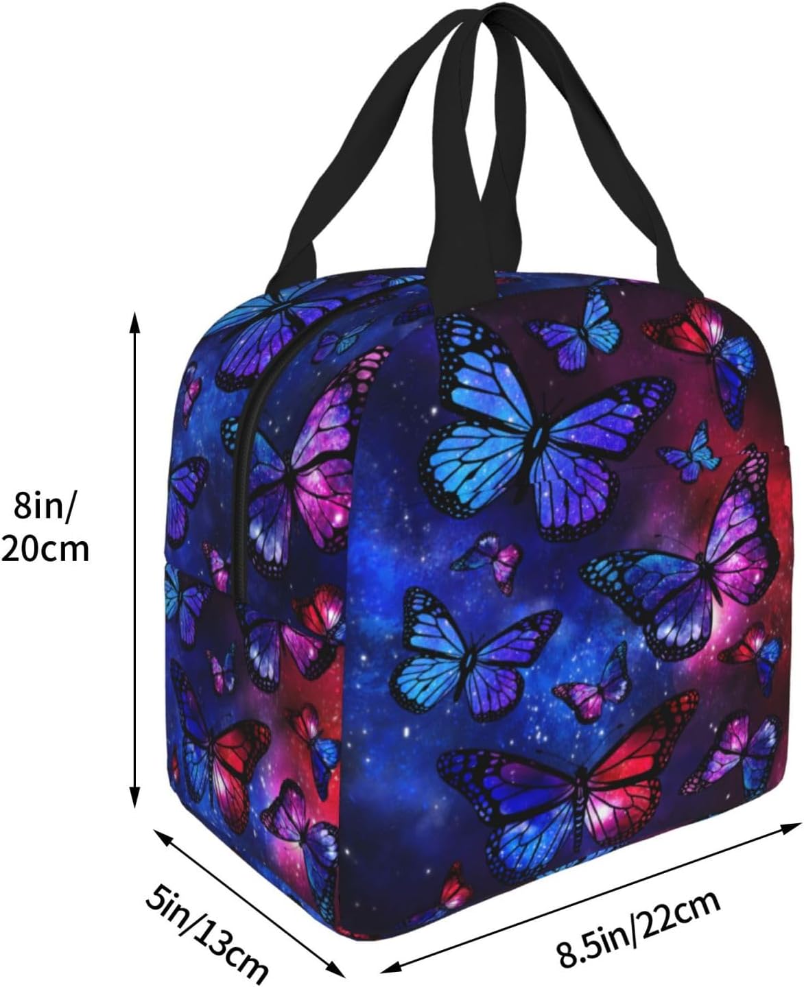 Lonchera aislada para mujer, reutilizable, con bolsillo, para el trabajo, picnic, viajes, mariposa, galaxia