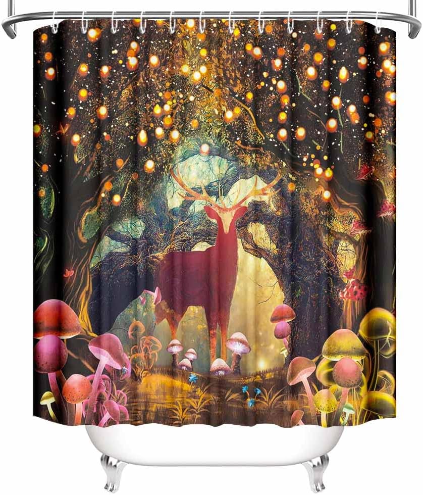 MEHOFOND Cortina de ducha de cuento de hadas del bosque, 72 x 72 pulgadas, cortina de ducha impermeable con 12 ganchos y hongos del bosque, plantas