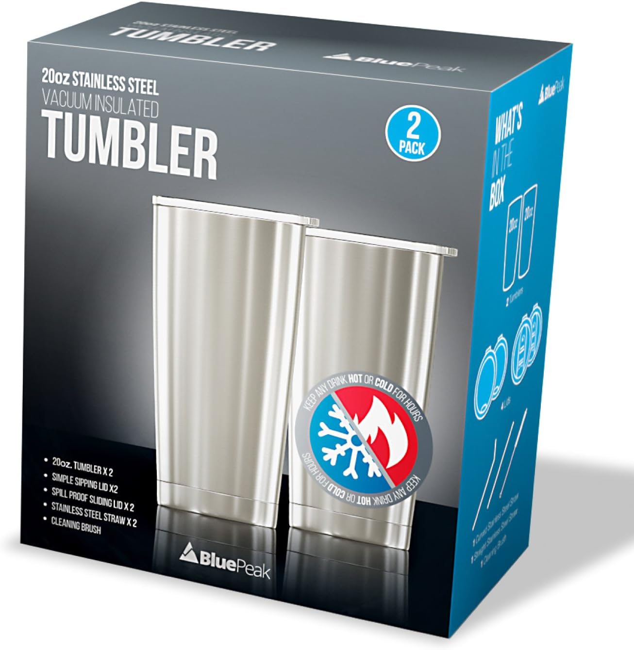 BluePeak Juego de vasos aislados de acero inoxidable al vacío de doble pared, paquete de 2, incluye 2 tapas para sorber, 2 tapas deslizantes a