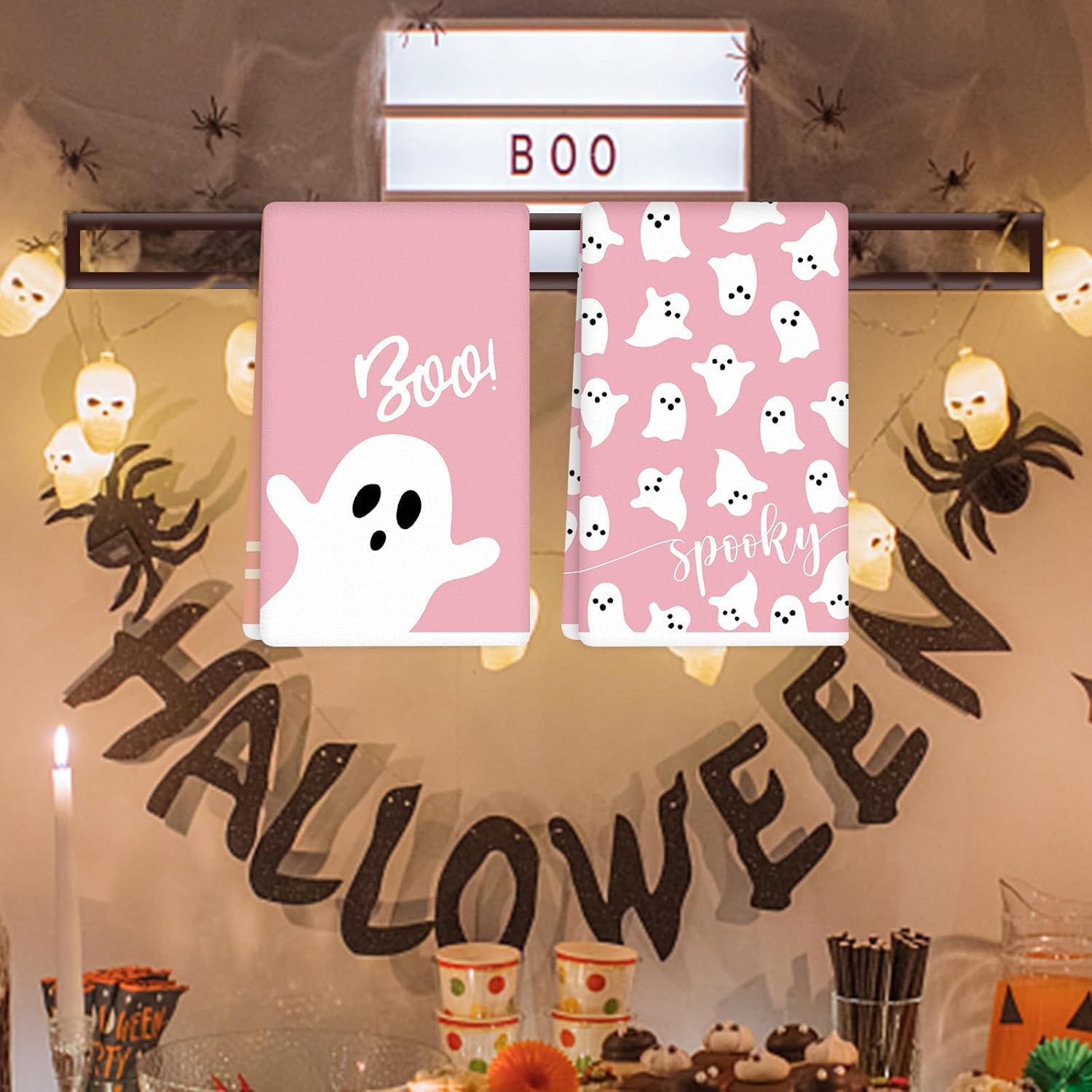 AnyDesign – Toalla de cocina de Halloween de 18 x 28 pulgadas, color rosa y blanco, toalla de cocina de secado a mano para limpiar la cocina, 2