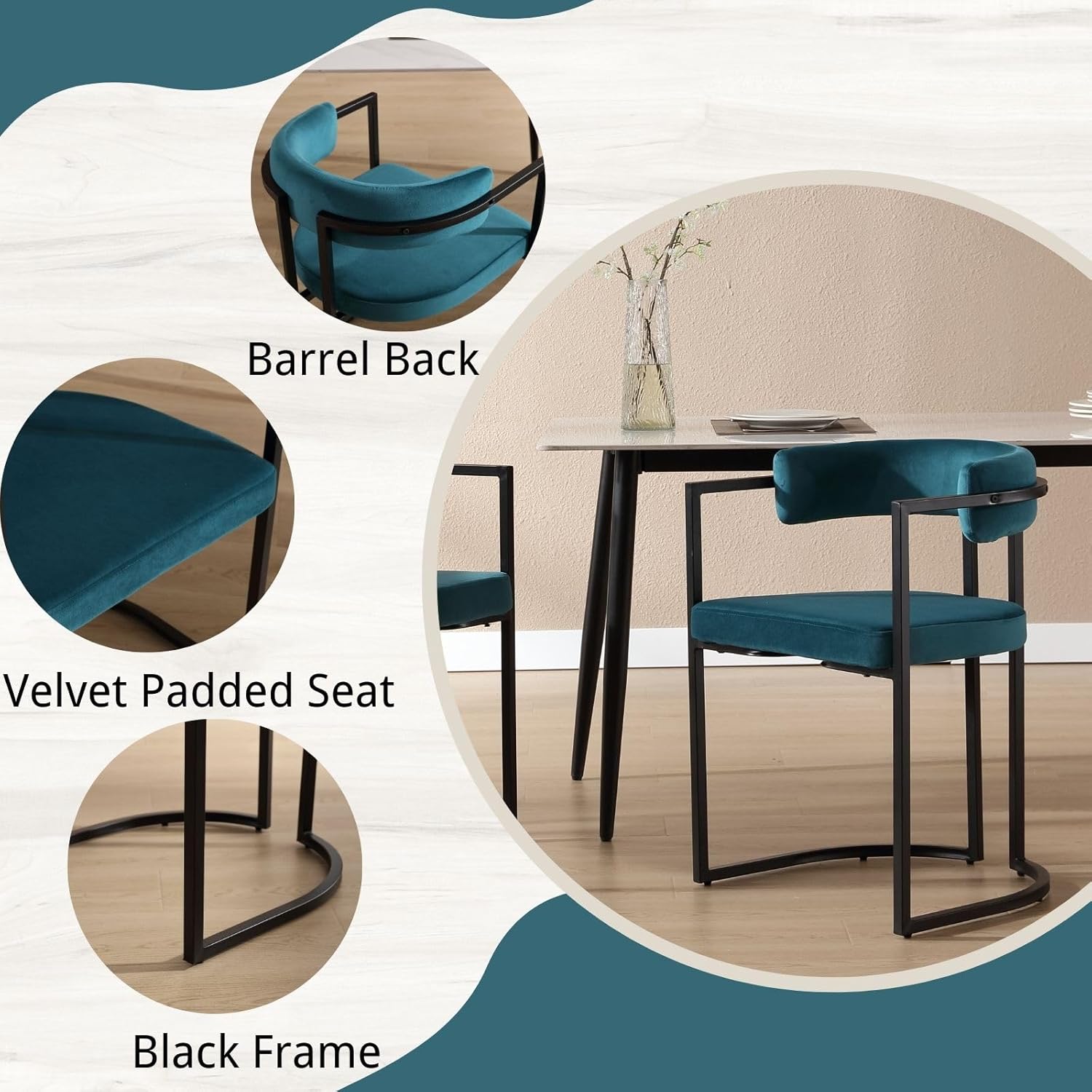 ZSARTS Modern Barrel – Juego de 4 sillas de comedor de terciopelo verde azulado con brazos, sillas de cocina tapizadas con marco de metal negro para