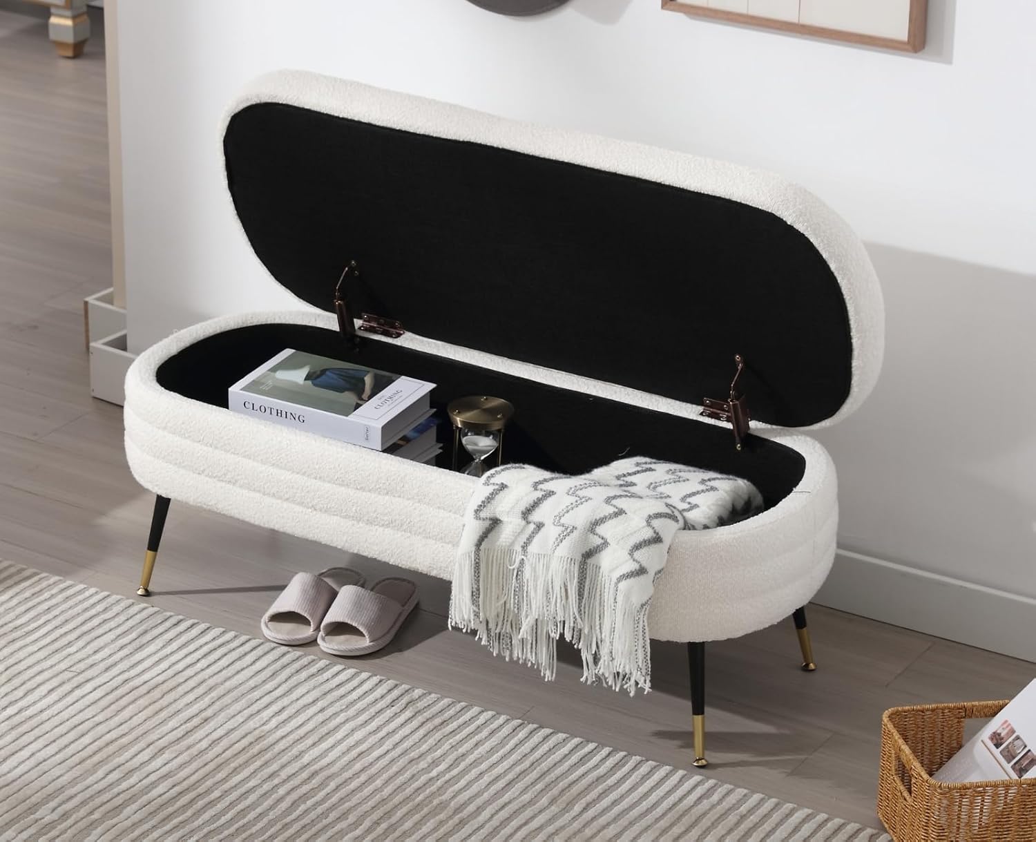 EALSON Banco de almacenamiento moderno, banco otomano de almacenamiento Sherpa con patas de metal tapizado para dormitorio, extremo de cama, banco