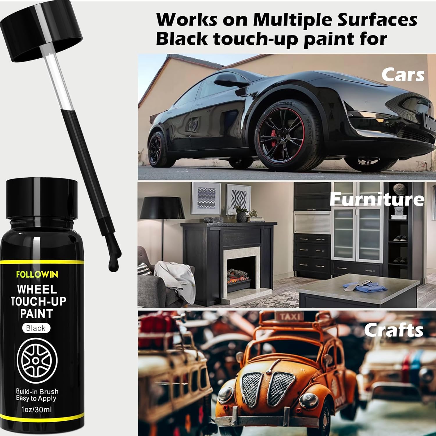 FOLLOWIN Pintura de retoque de borde negro para automóviles, kit de reparación de pintura de rueda negra, reparación de arañazos de llantas