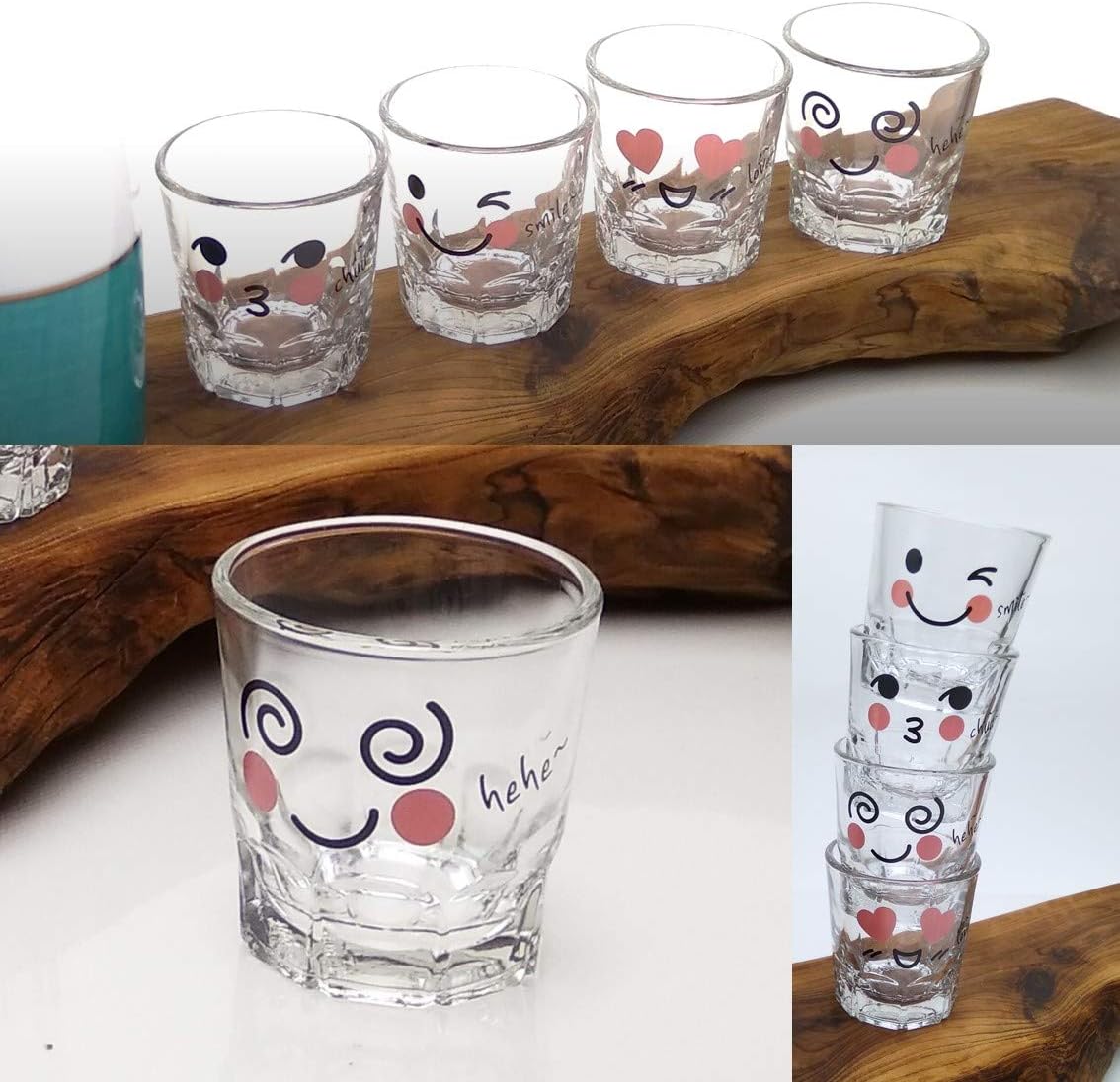 Juego de vasos de chupito coreanos Soju, 1.7 onzas, vidrio transparente con carácter, vidrio en forma de corazón para whisky, tequila y licor.