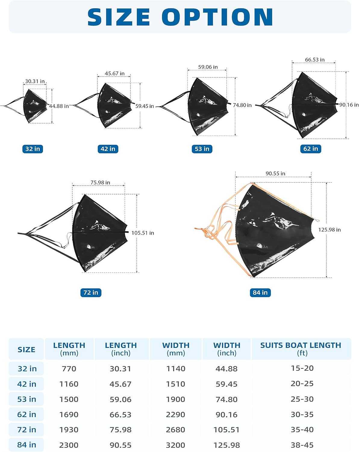 BLUEWING Sea Anchor – Calcetines de pesca para barco de pesca 840D, nailon 32, 42, 53, 62, 72, 84 pulgadas, paracaídas, anclaje de deriva para barco