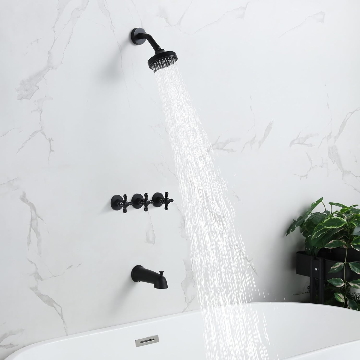 BEIYI BY3H003 – Juego de grifo de ducha de 3 manijas con boquilla de bañera, color negro mate para bañera y ducha, grifos de ducha completos, BY3H003