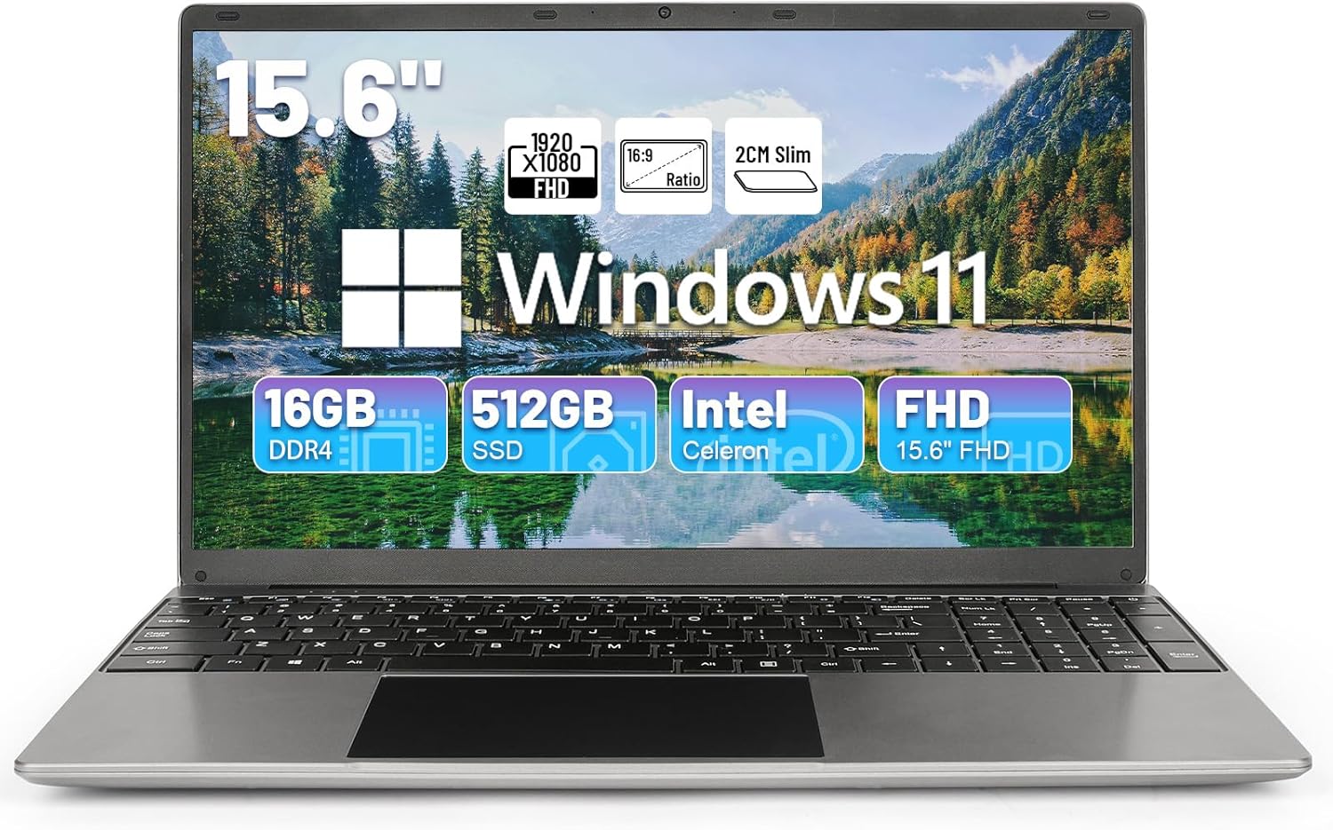 Computadora portátil de 15.6″, computadora portátil tradicional, 16 GB DDR4 512 GB SSD, pantalla FHD 1080P, procesadores Intel Celeron N5095, WiFi