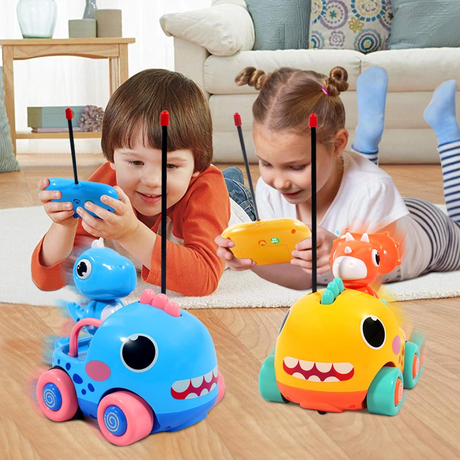 Auto de control remoto para niños pequeños, autos RC de perseguidores de dinosaurios de dibujos animados, juguetes para niños de 3 años, juguetes de