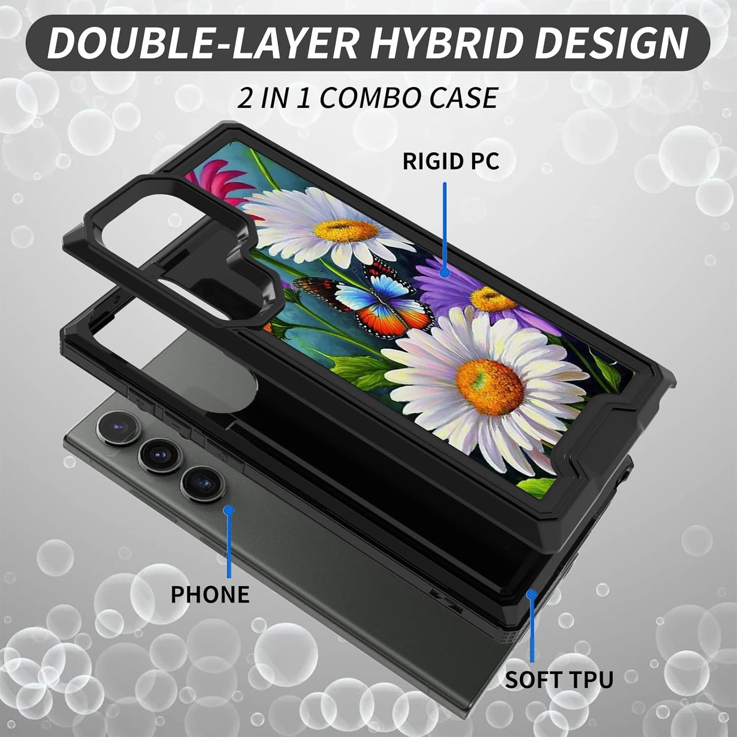 Funda para Samsung Galaxy S23 Ultra con patrón de flores de mariposa para hombres y mujeres, doble capa híbrida de PC duro TPU suave a prueba de