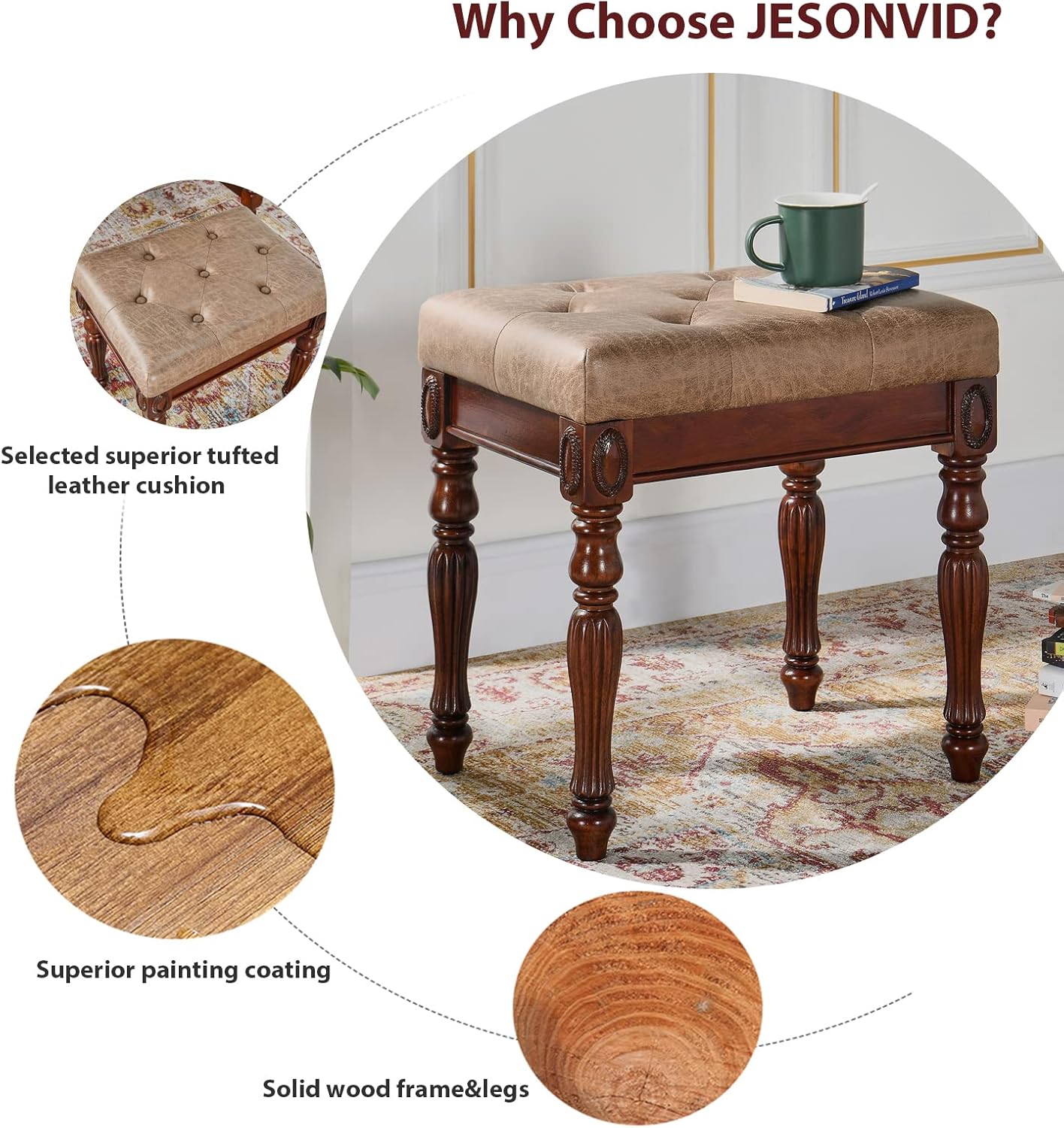 Banco de tocador tapizado de madera maciza, pequeño taburete otomano vintage de cuero copetudo, con asiento acolchado acolchado, reposapiés tallado,