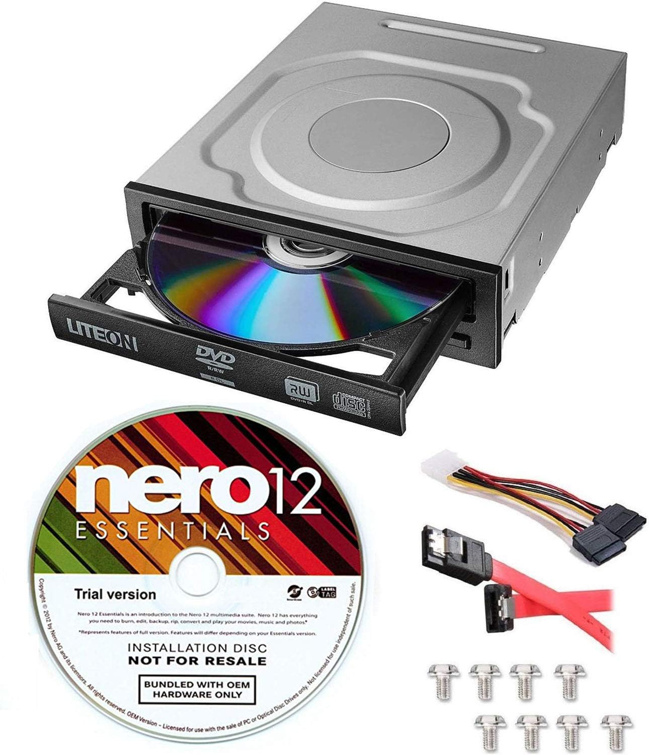 Lite-On Unidad óptica interna de DVD+-RW SATA de 24 unidades IHAS124-14 + software de grabación Nero 12 Essentials + kit de cable SATA