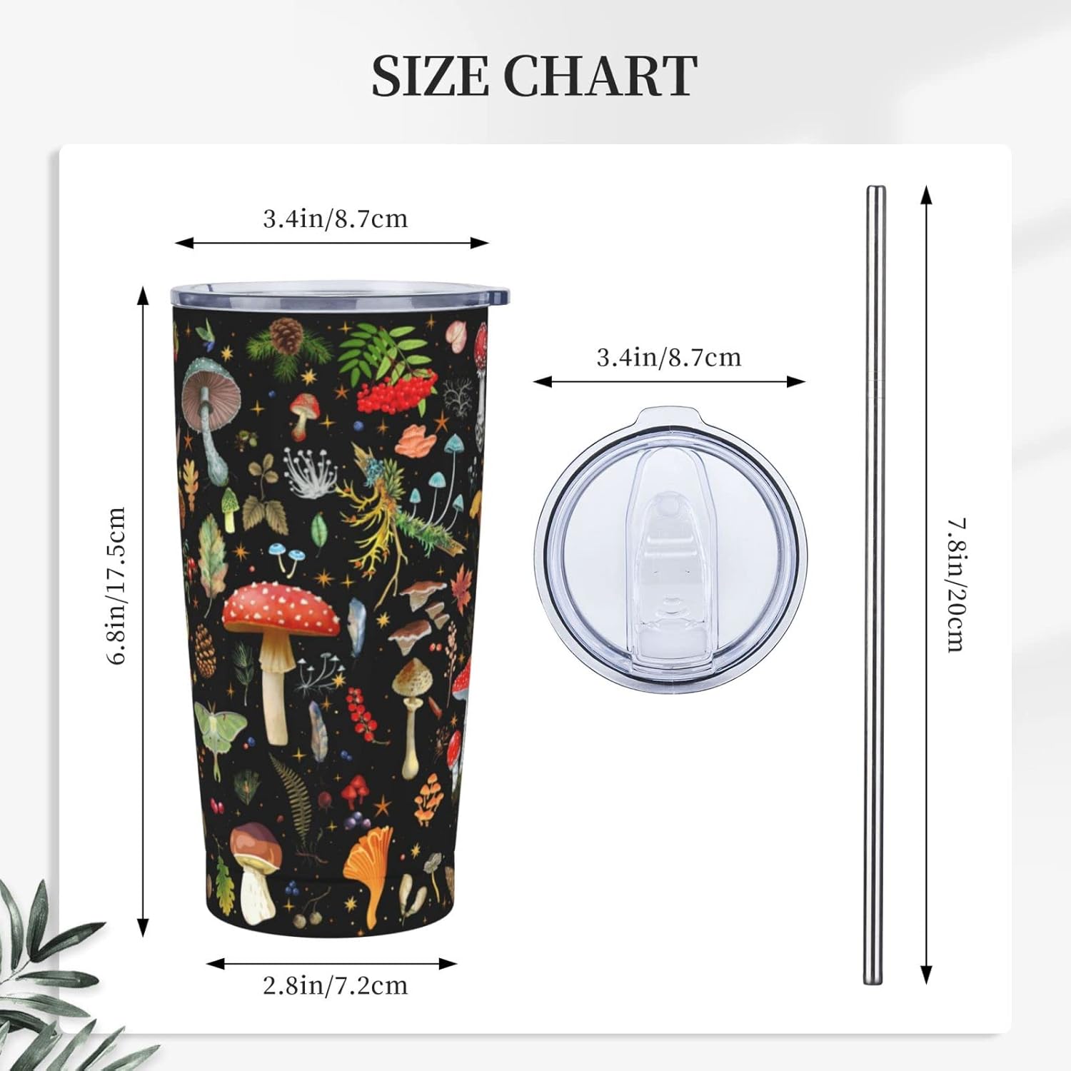 Vaso de regalo de hongos de 20 onzas, vasos de acero inoxidable delgado de doble pared para plantas, taza de café de viaje aislada para mujeres,