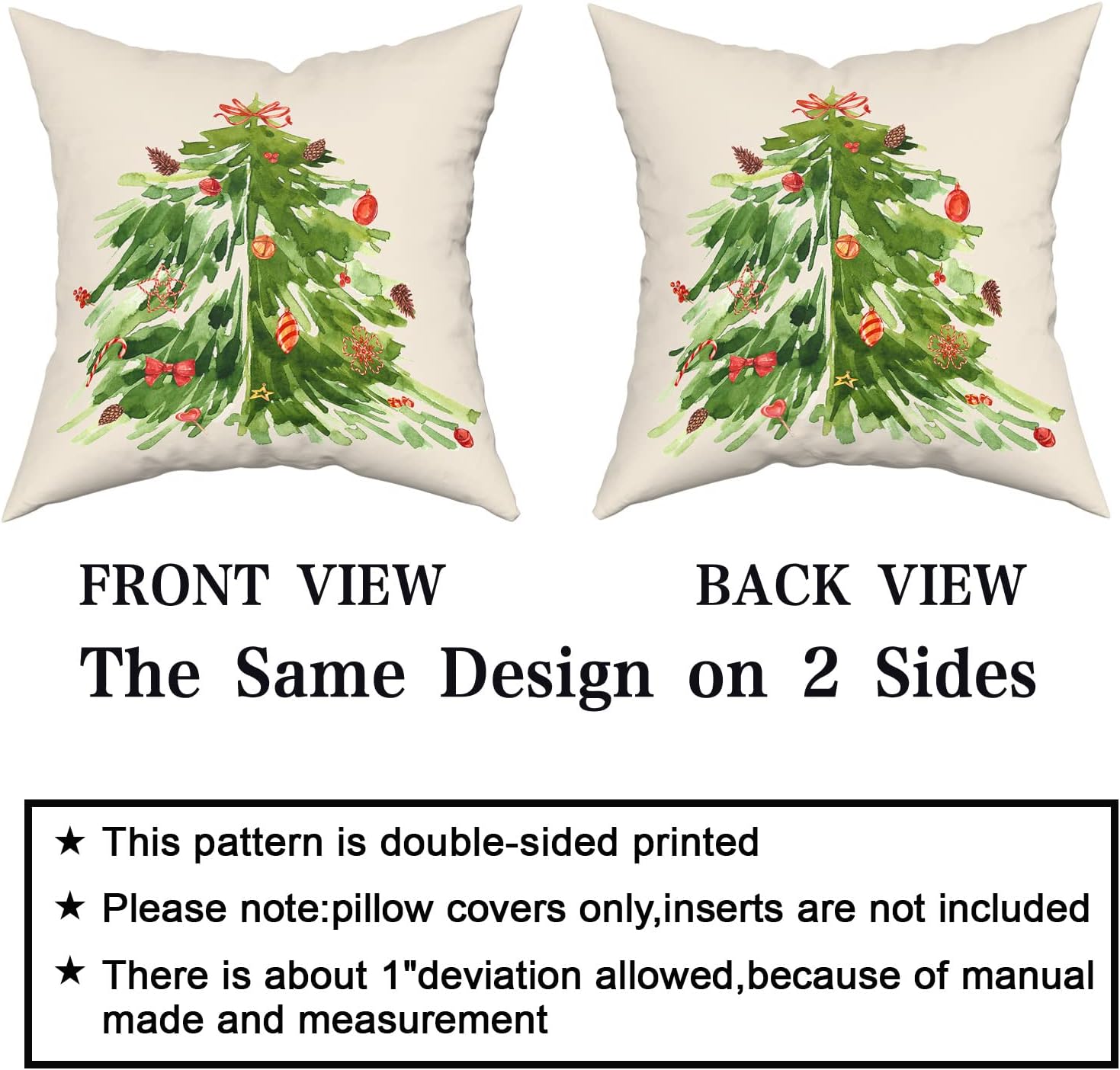Kawani Juego de 2 fundas de almohada cuadradas decorativas con diseño de árbol de Navidad en acuarela de 20 x 20 pulgadas, fundas de almohada