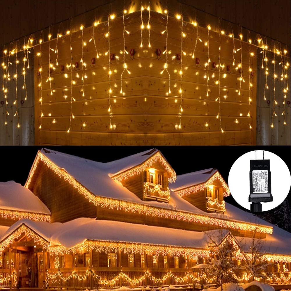 Toodour Guirnalda de 432 luces LED de 35.4 pies con 72 gotas, luces de hadas parpadeantes para Navidad, fiestas, vacaciones, color blanco cálido
