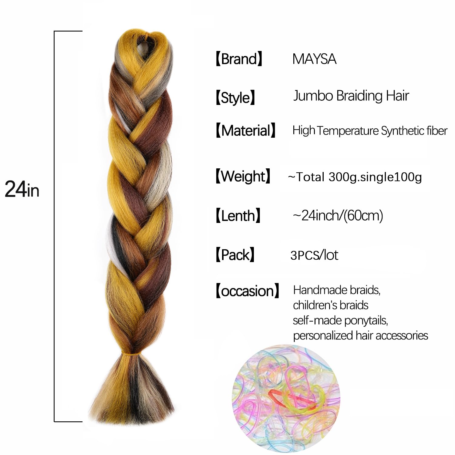 Maysa Cabello trenzado colorido de 24 pulgadas, color negro y marrón, extensiones de cabello trenzado ombré, extensiones preestiradas para niñas, 3