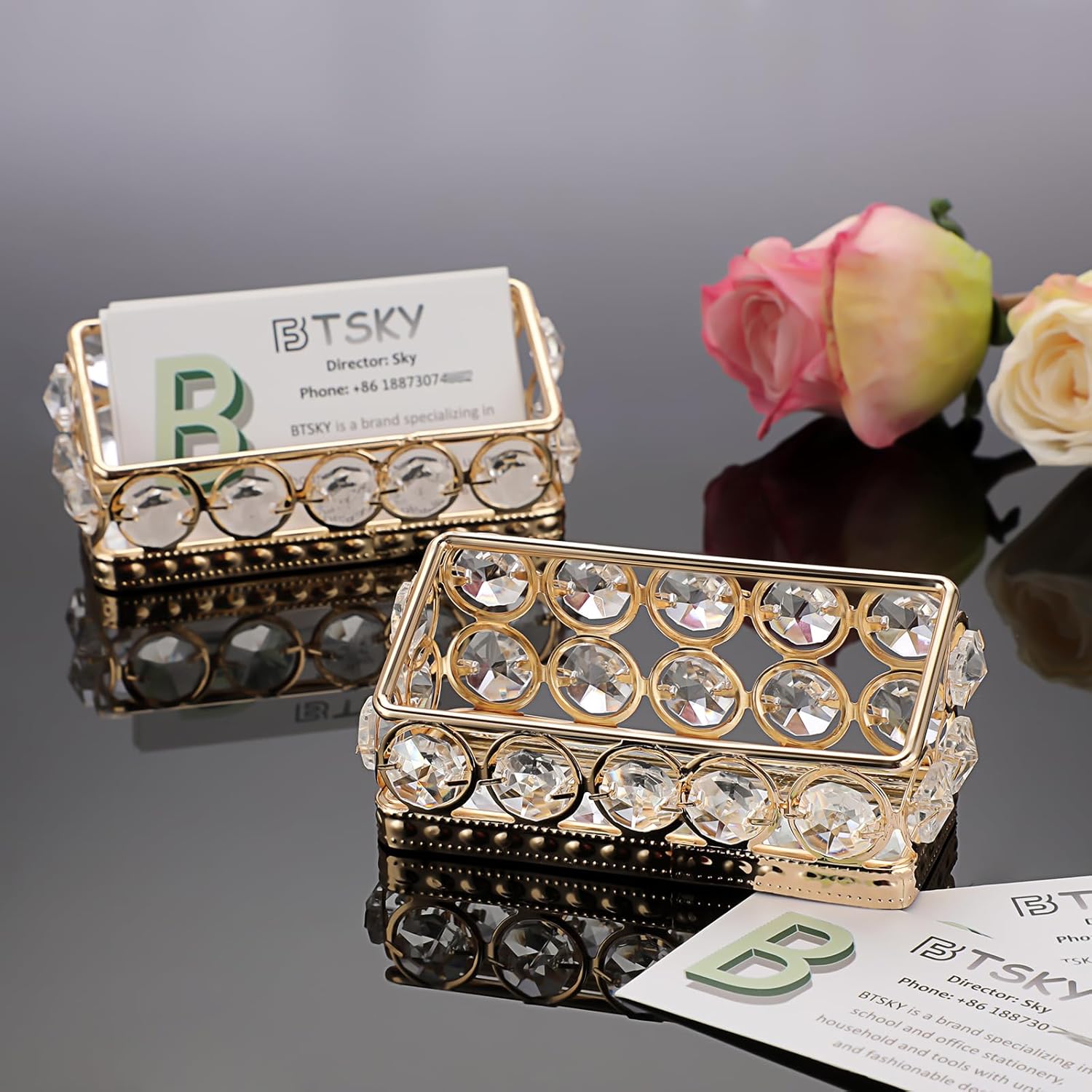 BTSKY Paquete de 2 tarjeteros de cristal para escritorio, soporte de exhibición de tarjetas de identificación para encimera de oficina, organizador