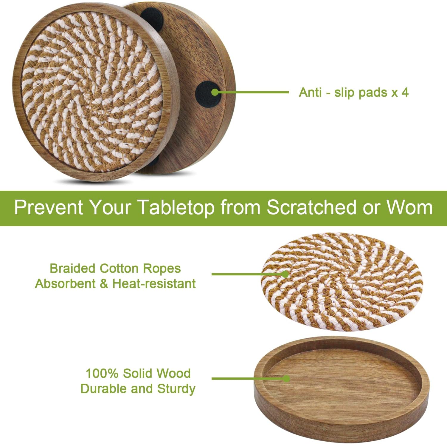 Eykao Paquete de 5 posavasos absorbentes para bebidas, posavasos tejidos de 4.3 pulgadas para mesas de café, posavasos de madera para protección de
