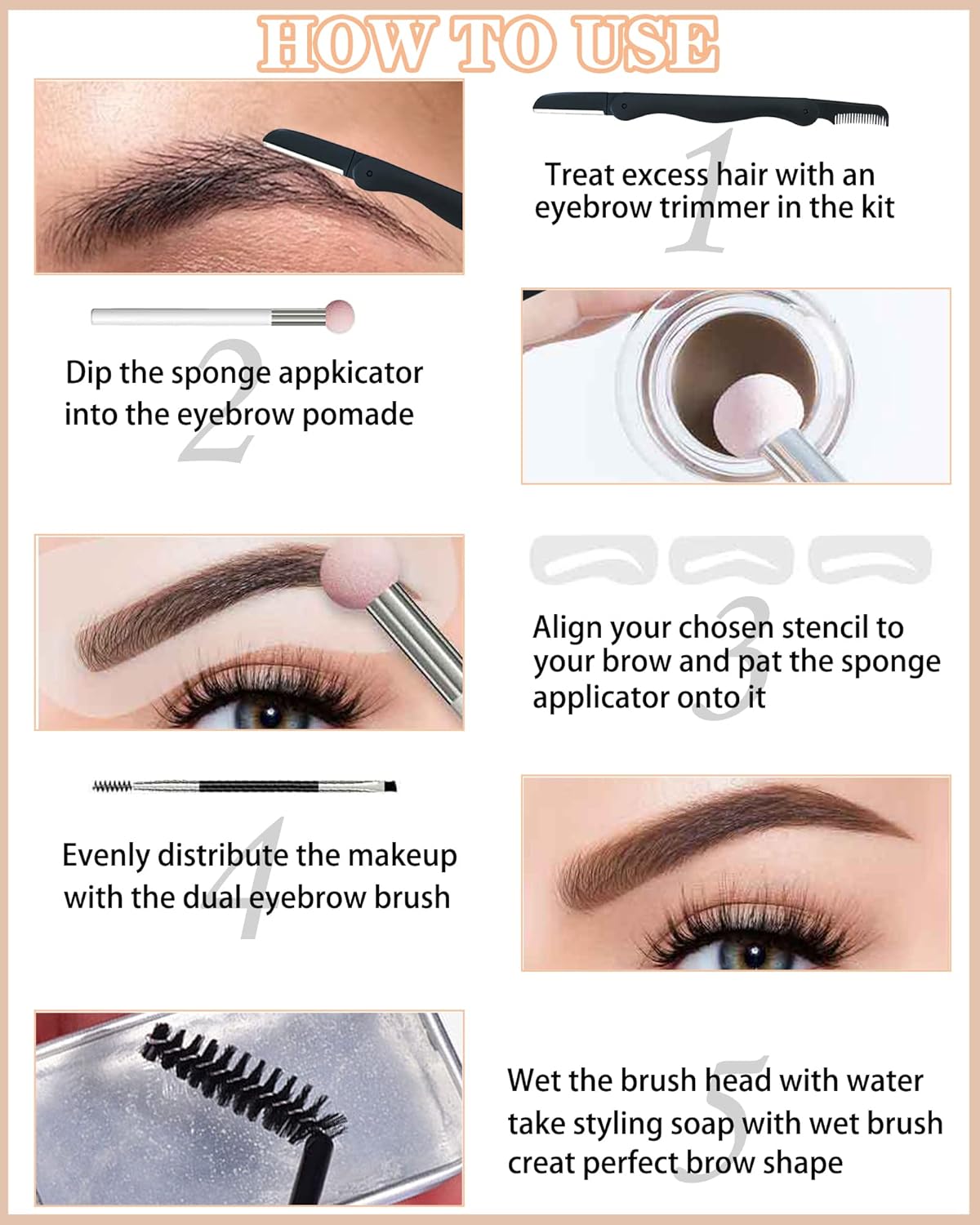 Kit de sellos de cejas y plantillas para cejas, 16 en 1, impermeable, para sellar cejas, pegamento de cera con herramienta para cejas, relleno de
