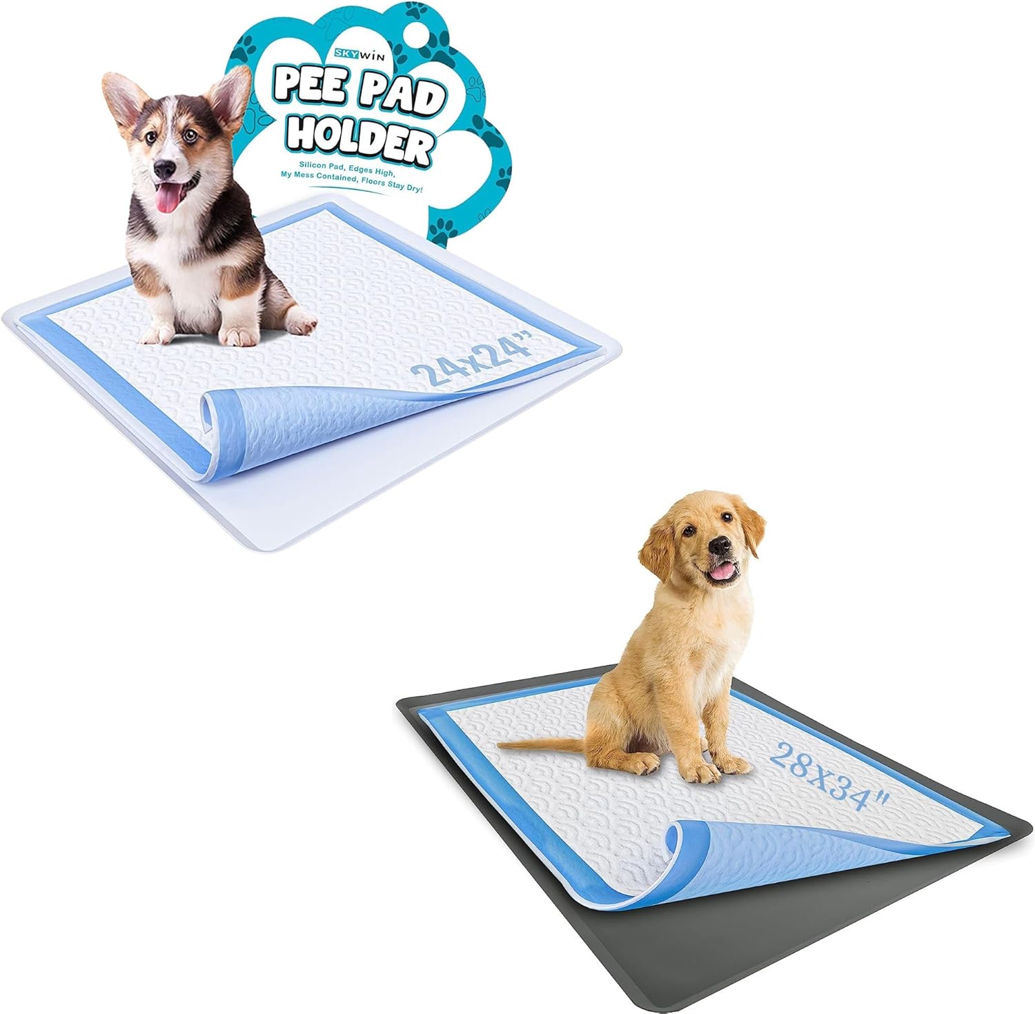 Skywin Bandeja para almohadillas para cachorros de 24 x 24 pulgadas (gris) + 28 x 34 pulgadas (gris)  Silicona, soporte para orina antiderrames para