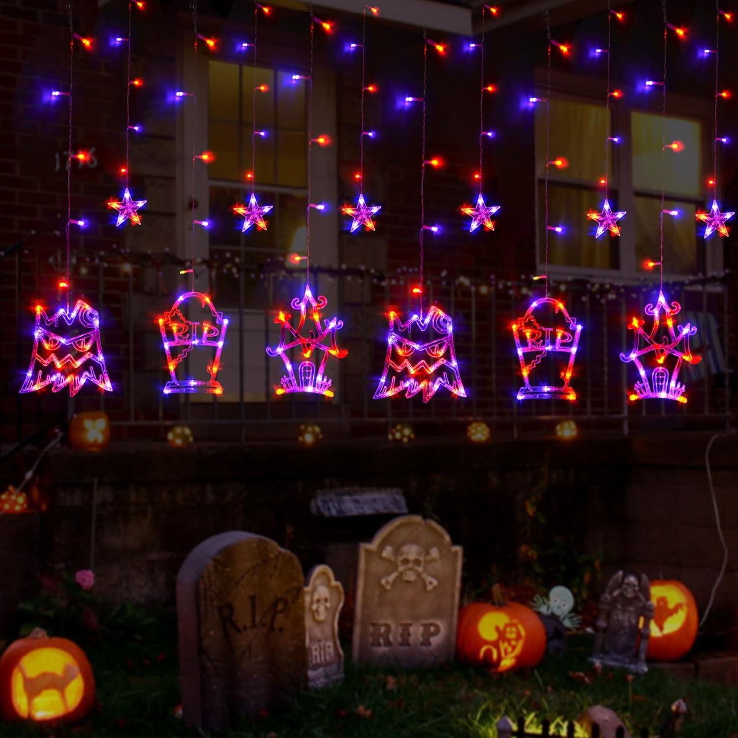 LOLStar Guirnalda de luces de Halloween para ventana, color naranja y morado, decoraciones de Halloween, lápida de árbol y castillo, 183 luces LED