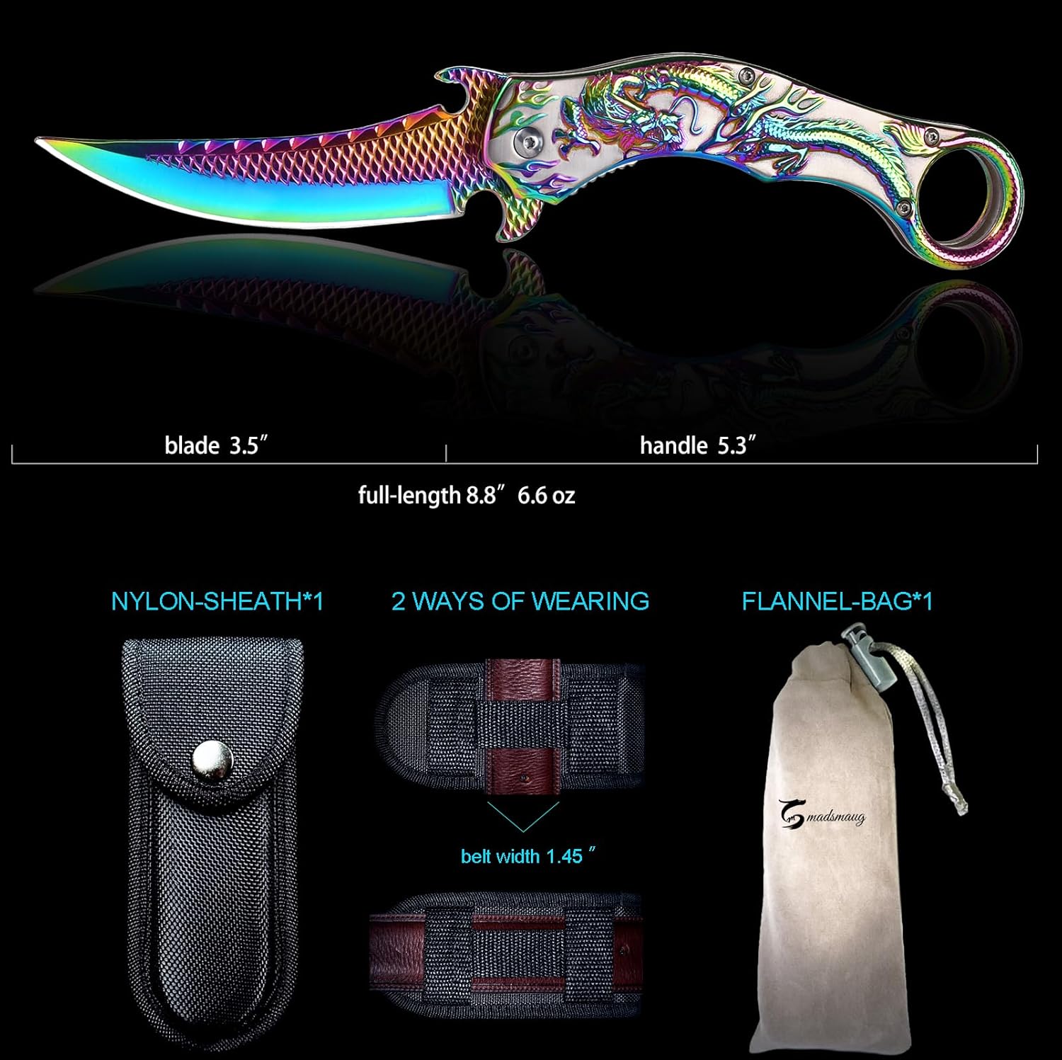 Cuchillo de bolsillo, 9Cr18Mo BLADE Cuchillo plegable de bolsillo con funda, genial cuchillo EDC de dragón 3D, gran cuchillo de bolsillo de regalo