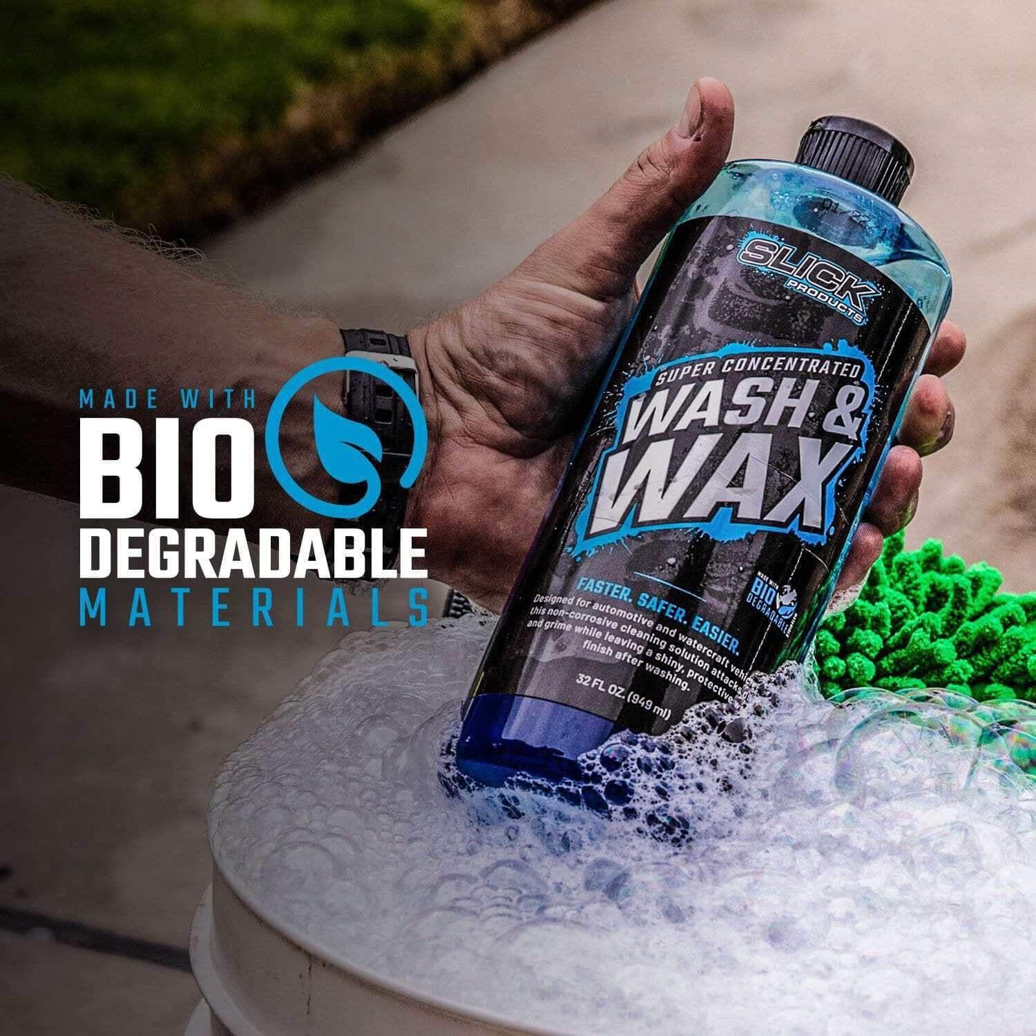 Slick Products Wash & Wax Solución de limpieza espumosa extra gruesa para motocicleta, camión, remolque, barco, jabón de lavado de autos, funciona