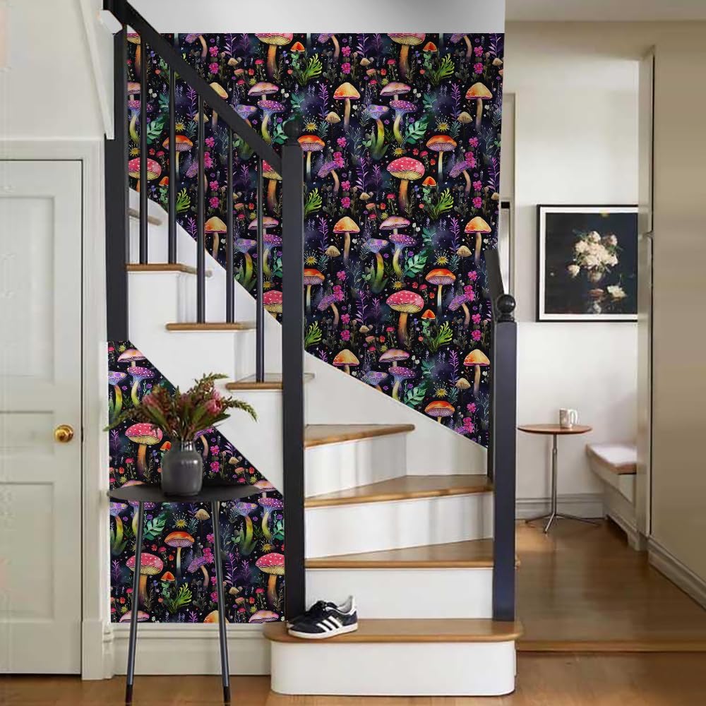 VistaPalette Papel tapiz autoadhesivo autoadhesivo de 18 x 236 pulgadas, diseño de bosque de hongos coloridos y mágicos oscuros, papel de contacto