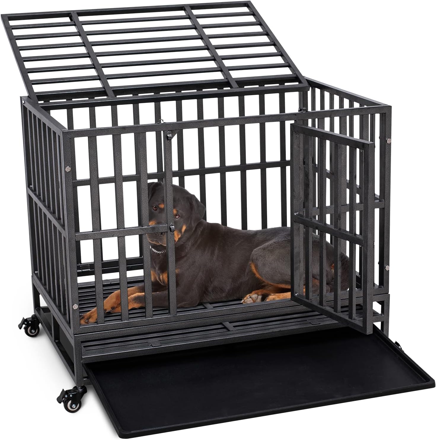 Holiwei Jaula de perro indestructible de 38 pulgadas XL de metal para perros grandes, jaula de perro a prueba de escapes con ruedas, bandeja