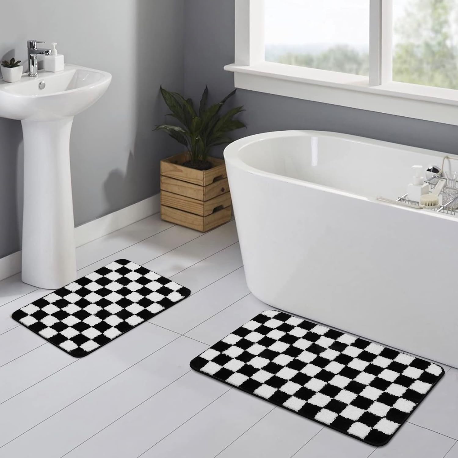 Uphome Alfombras de baño a cuadros blancos y negros, antideslizantes, absorbentes de agua, alfombra de baño de microfibra suave, lavable a máquina,