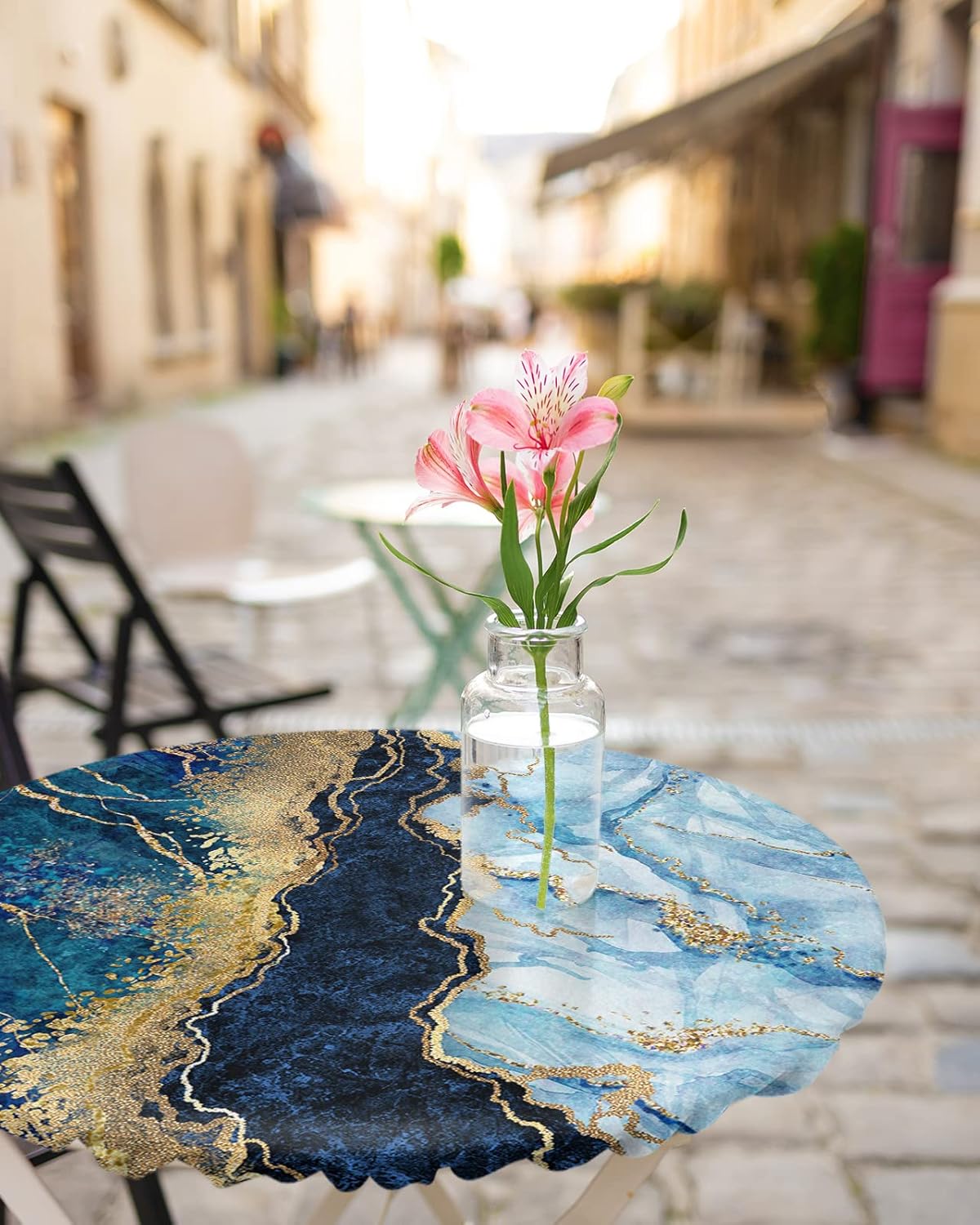 Mantel redondo de mármol para mesa de cocina con borde elástico, mantel ajustable azul dorado degradado para mesas redondas, mantel impermeable para