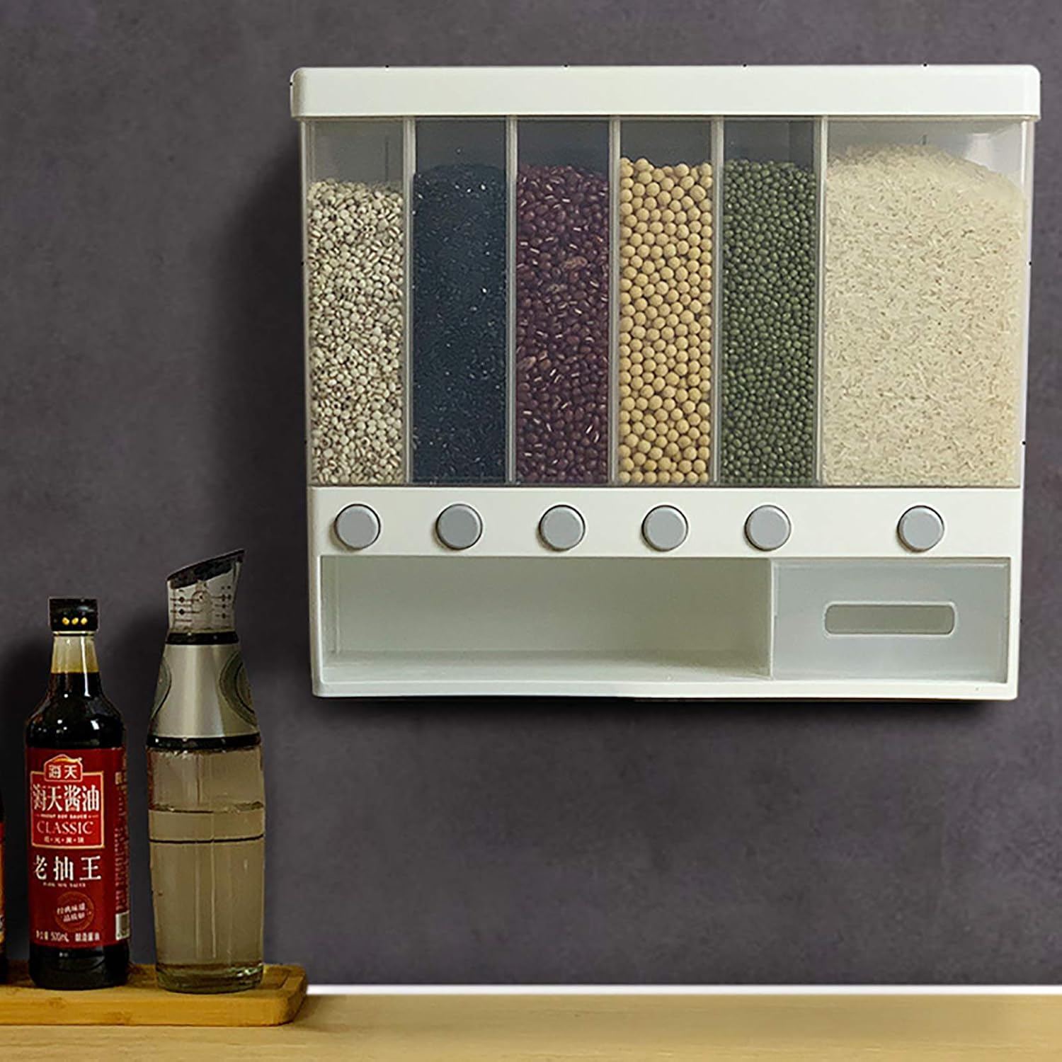 Eapmic Dispensador de arroz con taza, dispensador de alimentos secos de 5 rejillas montado en la pared, contenedor de almacenamiento de cereales