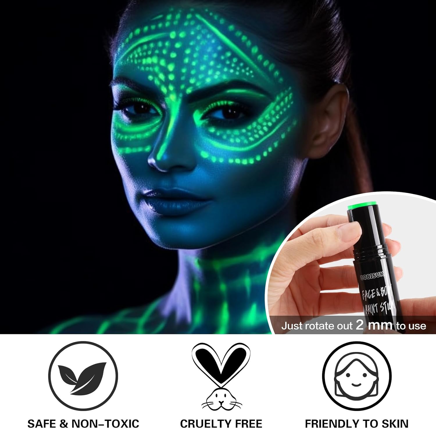 BOBISUKA Pintura facial verde neón en barra a base de agua que brilla en la luz UV, kit de pintura facial para ojos, palos negros para deportes,