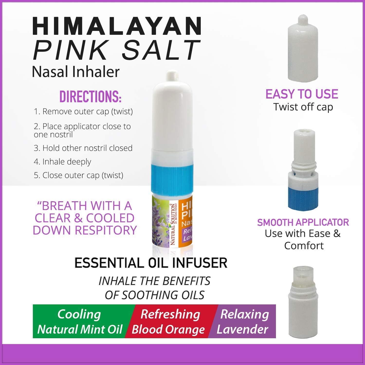 Natural Solution Inhalador nasal de sal rosa con aceites esenciales de lavanda relajantes, remedio para alivio de los senos nasales, alergias,