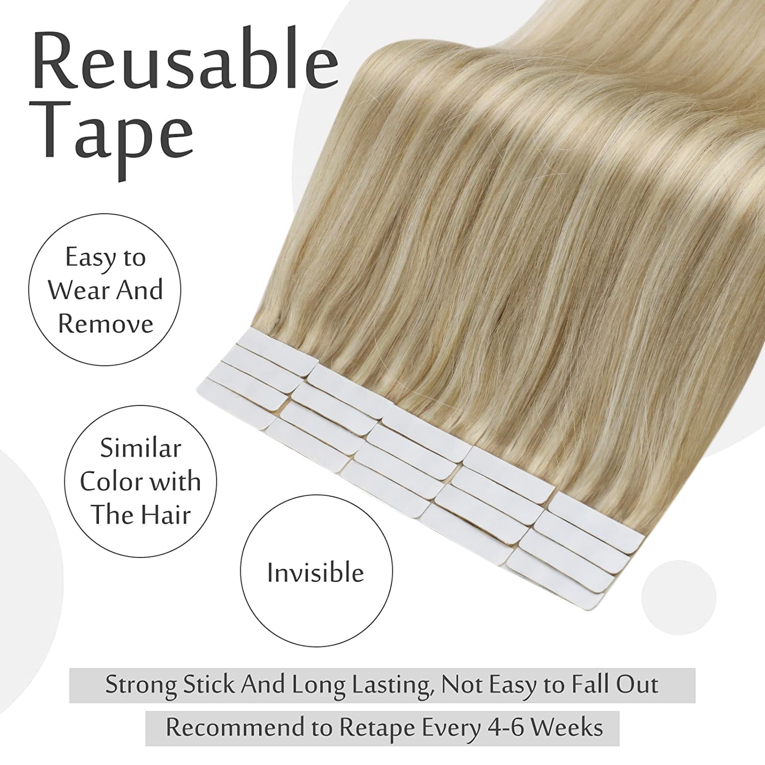 Full Shine – Extensiones de cabello humano con cinta adhesiva de color rubio dorado, reflejos rubio medio, extensiones adhesivas de doble cara de