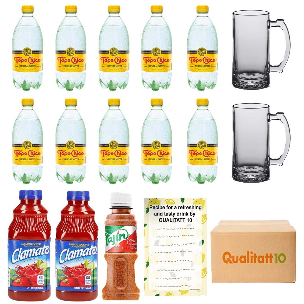 Topo Chico – Botellas de plástico natural de agua mineral de 20 onzas líquidas, 10 unidades, taza de bienvenida de 16 onzas, 2 unidades, Clamato