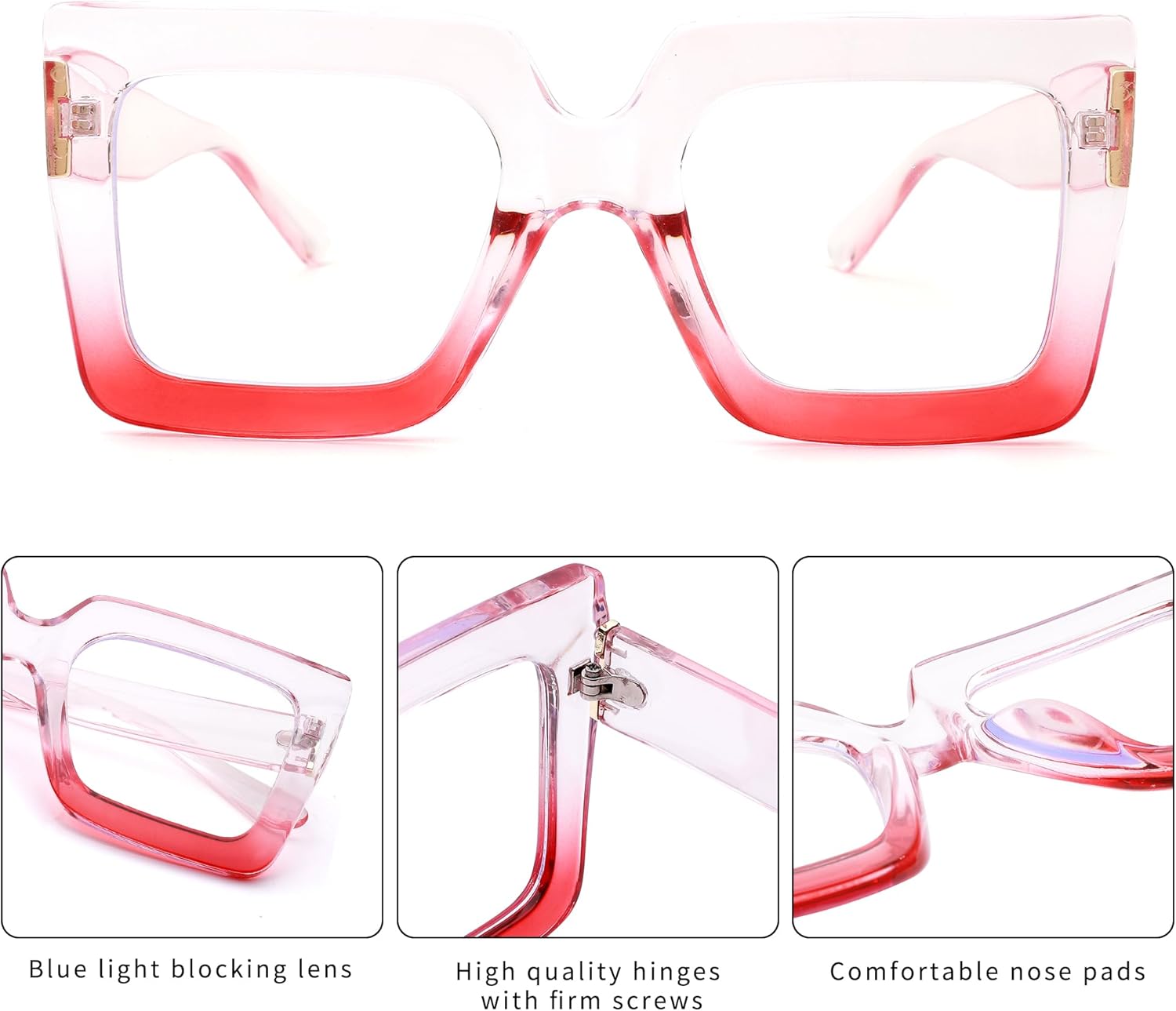 Gafas de luz azul de gran tamaño para mujer, gafas de marco cuadrado grande, gafas transparentes de computadora sin receta..