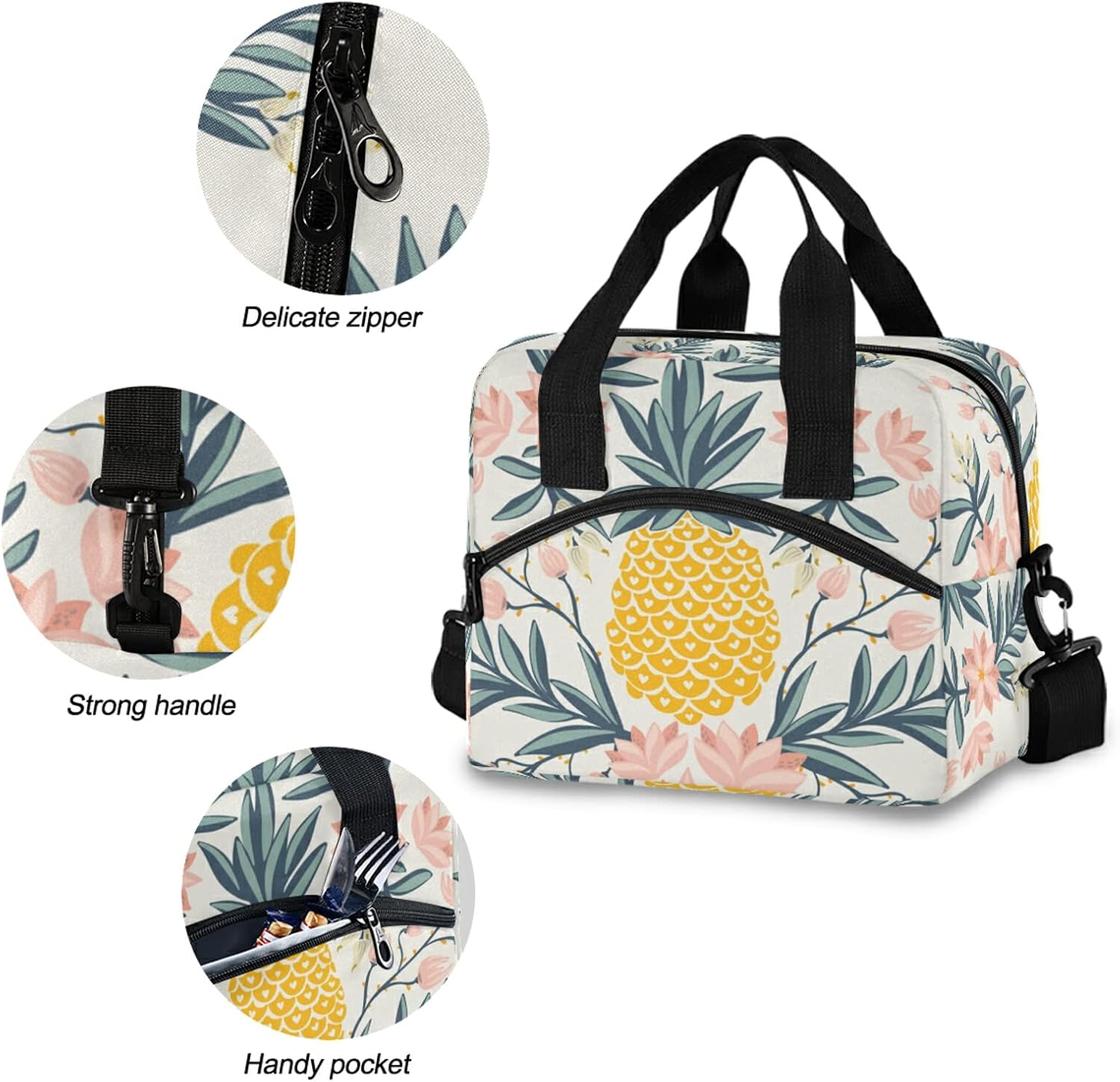 ALAZA Lonchera con aislamiento floral de piña tropical, vintage, reutilizable, con correa para el hombro, para mujeres, hombres y adultos, 19 latas