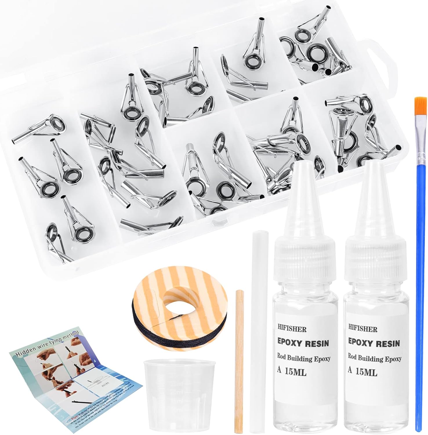 Hifisher Kit de reparación de puntas de caña de pescar 40 piezas de 8 tamaños guías superiores, resina epoxi de 1 oz, cepillo, taza medida, kit de